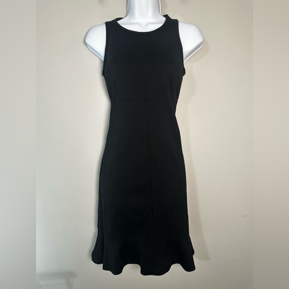 Brass The Ruffle Dress | Sleeveless Black Ponte‎ Knit Flounce Hem | Size XXS